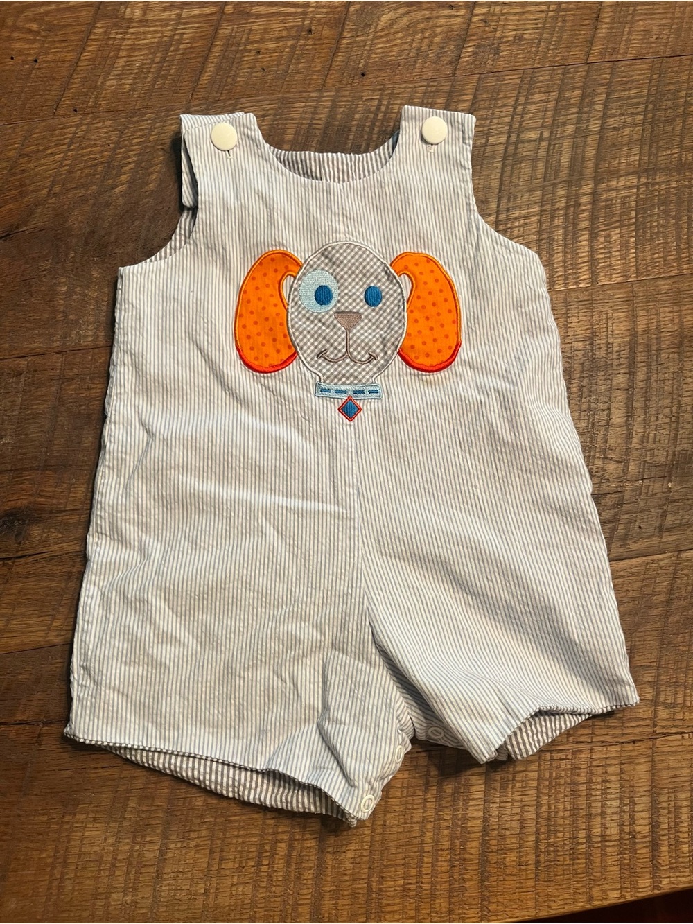 Mulberry Street Baby Boys Seersucker Dog Appliqué Shortall - Blue & Orange